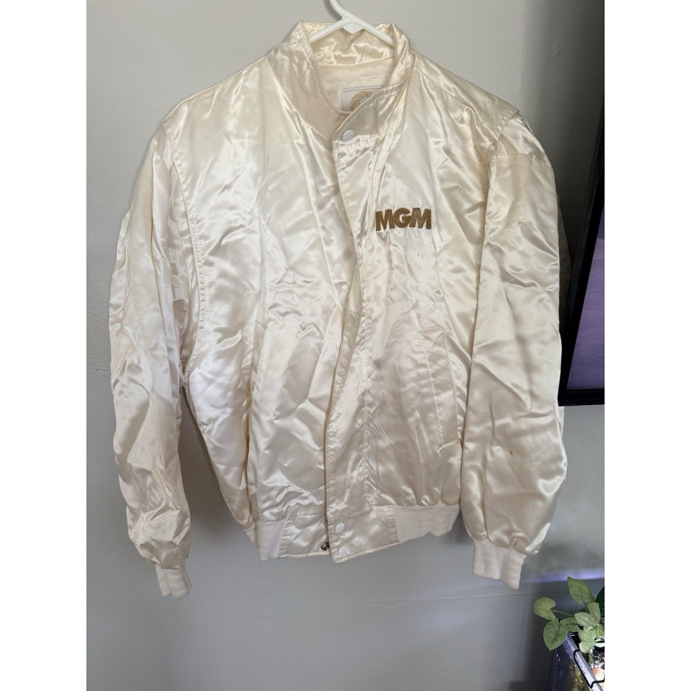 Vintage 90's MGM Grand Las Vegas Casino White Satin Bomber Jacket Size Small